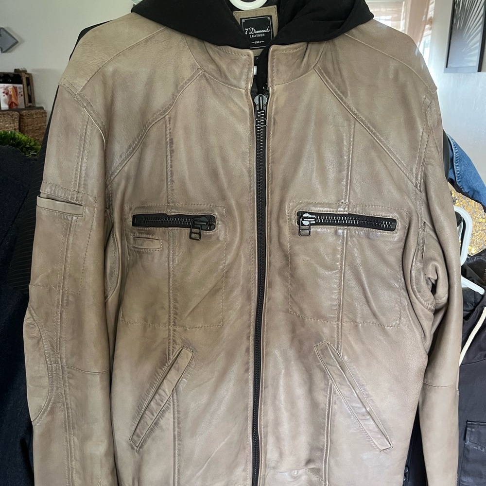 7 Diamonds Taupe Leather Bomber Jacket with Black Hood